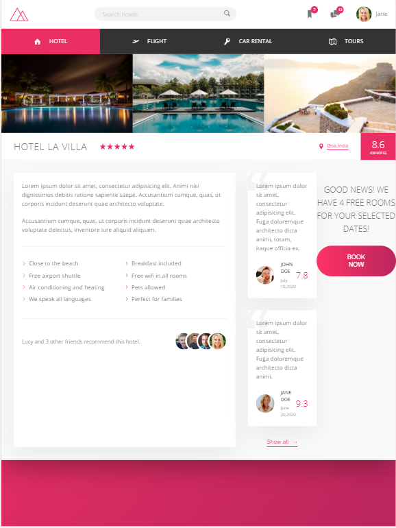 Landing page for resort booking